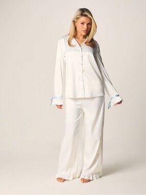 Boohoo White Satin Pajama Top with Light Blue Trim